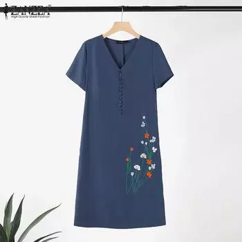 ZANZEA Женское повседневное платье с V-образным вырезом и цветочной вышивкой, летнее, с коротким рукавом 4XL хаки