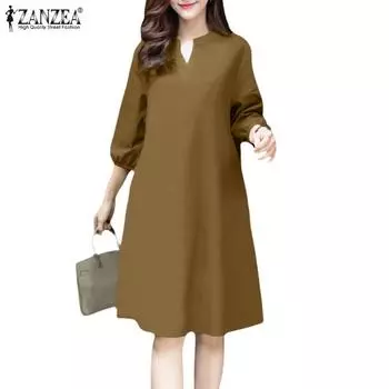 ZANZEA Женское повседневное платье с V-образным вырезом и однотонным рукавом свободного кроя S зелёный