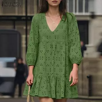 ZANZEA Женское Повседневное Платье С V-образным Вырезом и Рукавом 3/4 Свободное Кружевное Платье Для Праздников S белый