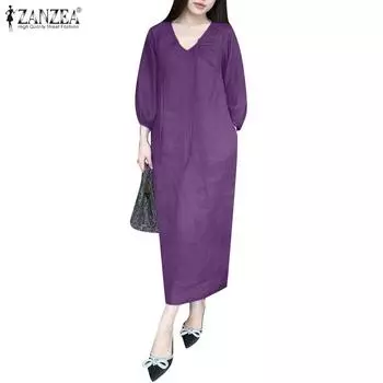 ZANZEA Женское повседневное платье с V-образным вырезом и однотонным рукавом свободного кроя M хаки