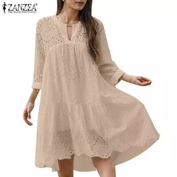 ZANZEA Женское повседневное платье с V-образным вырезом и рукавом 3/4, свободное кружевное платье крючком S зелёный