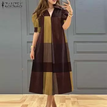 ZANZEA Женское повседневное платье с V-образным вырезом и короткими рукавами в клетку M коричневый