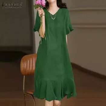 ZANZEA Женское повседневное платье с V-образным вырезом и оборками, рукав до локтя M зелёный