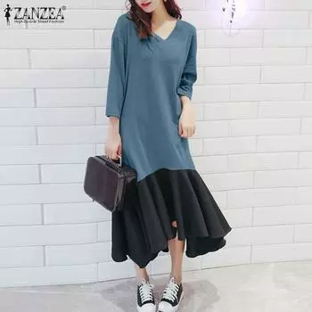 ZANZEA Женское повседневное платье с V-образным вырезом и рукавом 3/4 в стиле пэчворк, длинное 4XL хаки