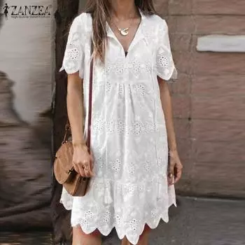 ZANZEA Женское повседневное платье с V-образным вырезом и коротким рукавом, свободное кружевное платье крючком S зелёный