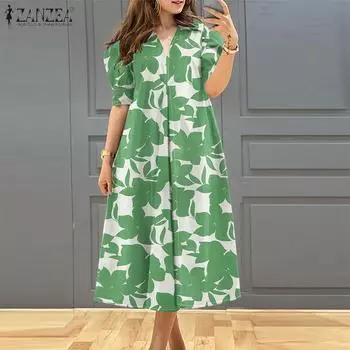 ZANZEA Женское повседневное платье с V-образным вырезом и коротким рукавом, длинное с принтом S темно-синий