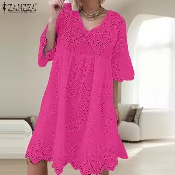 ZANZEA Женское повседневное платье с V-образным вырезом и рукавом 3/4, свободное кружевное платье крючком S темно-синий