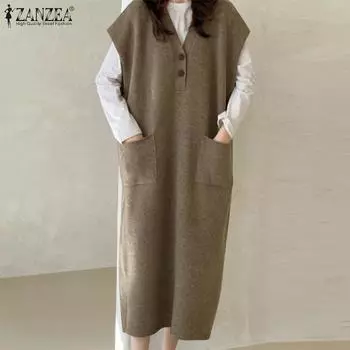 ZANZEA Женское повседневное платье с V-образным вырезом и коротким рукавом, свободное, тонкое, весеннее S чёрный