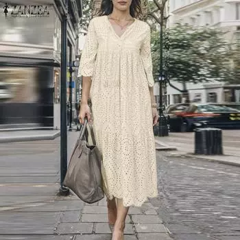 ZANZEA Женское повседневное платье с V-образным вырезом и короткими рукавами, кружевное вязанное крючком сзади, летнее длинное платье в стиле пэчворк S зелёный