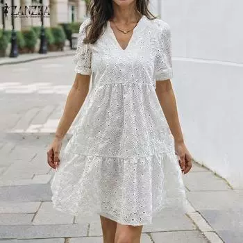 ZANZEA Женское повседневное платье с V-образным вырезом и ажурным кружевом на спине в стиле пэчворк с коротким рукавом S белый