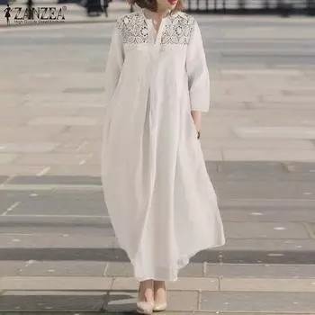 ZANZEA Женское повседневное платье с V-образным вырезом и рукавами 3/4, свободное кружевное платье с вязанным крючком S темно-синий