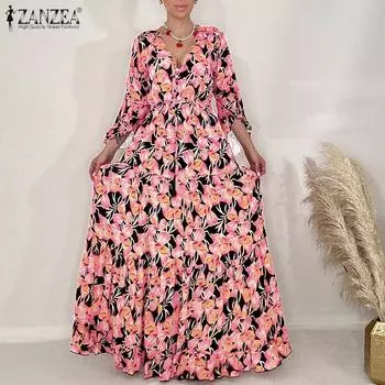 ZANZEA Женское повседневное платье с V-образным вырезом и рукавом 3/4 Свободное длинное платье с цветочным принтом XL розовый
