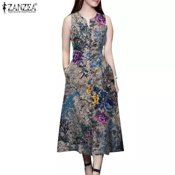 ZANZEA Женское повседневное платье с V-образным вырезом и без рукавов с принтом M розовый