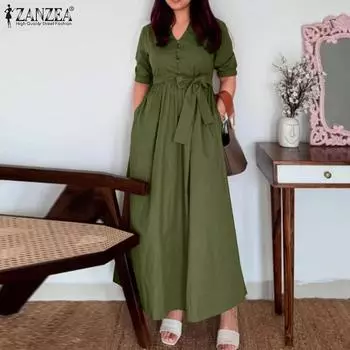 ZANZEA Женское повседневное платье с V-образным вырезом, однотонное, свободное, с коротким рукавом, длинное S чёрный