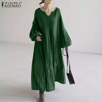 ZANZEA Женское повседневное платье с V-образным вырезом и длинным рукавом, свободное трикотажное длинное платье в стиле пэчворк S чёрный