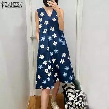 ZANZEA Женское повседневное платье с V-образным вырезом без рукавов с принтом на лето M