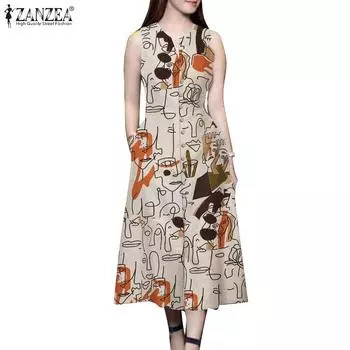 ZANZEA Женское повседневное платье с V-образным вырезом и без рукавов с принтом S чёрный