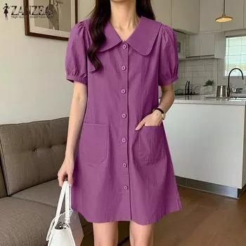 ZANZEA Женское повседневное платье с воротником и коротким рукавом, однотонное летнее платье S фиолетовый