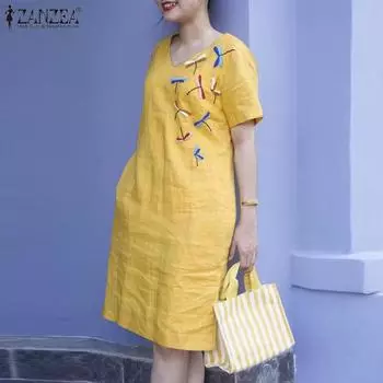 ZANZEA Женское повседневное платье с вышитым принтом и коротким рукавом и V-образным вырезом S жёлтый