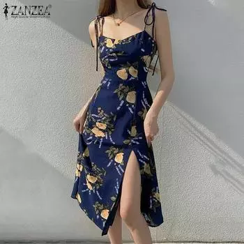 ZANZEA Женское повседневное платье-слинг без рукавов с цветочным принтом S темно-синий