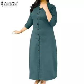 ZANZEA Женское повседневное платье со стоячим воротником и рукавом 3/4 3XL синий