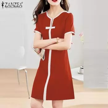 ZANZEA Женское повседневное платье свободного кроя с круглым вырезом и коротким рукавом в стиле колор-блок 5XL белый