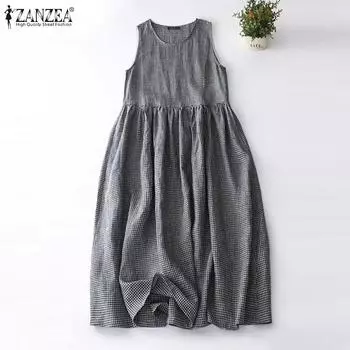 ZANZEA Женское повседневное платье свободного кроя с круглым вырезом без рукавов в клетку 2XL синий