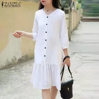 ZANZEA Женское повседневное платье свободного кроя с V-образным вырезом и однотонным рукавом 3/4 S белый