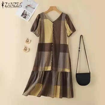 ZANZEA Женское повседневное платье свободного кроя с V-образным вырезом и коротким рукавом в клетку S коричневый