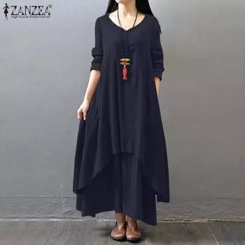 ZANZEA Женское повседневное платье свободного кроя с V-образным вырезом и длинными рукавами M тёмно-синий