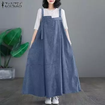 ZANZEA Женское повседневное платье свободного кроя без рукавов с квадратным воротником и подтяжками S светло-синий