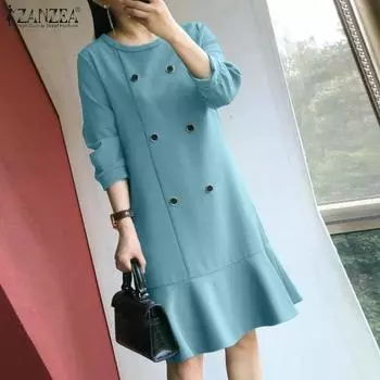 ZANZEA Женское повседневное платье свободного кроя с круглым вырезом и однотонным цветным узором, рукав 3/4 S чёрный