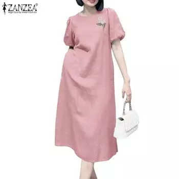 ZANZEA Женское повседневное платье свободного кроя с коротким рукавом и вышивкой S жёлтый