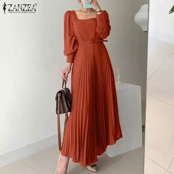 ZANZEA Женское повседневное платье свободного кроя с квадратным воротником и длинными рукавами в складку S чёрный