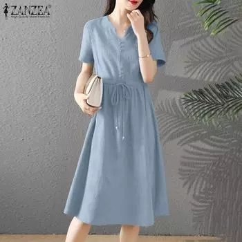 ZANZEA Женское повседневное платье свободного кроя с коротким рукавом и V-образным вырезом 4XL синий