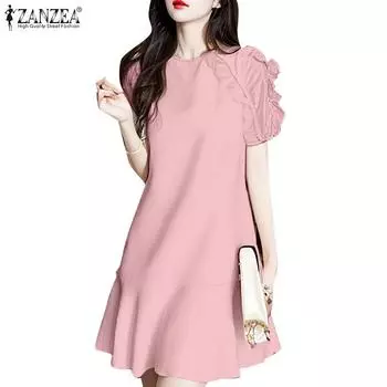 ZANZEA Женское повседневное платье свободного кроя с круглым вырезом и коротким рукавом 3XL чёрный