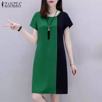 ZANZEA Женское Повседневное Платье Свободного Покроя С Круглым Вырезом Коротким Рукавом Контрастного Цвета S оранжевый