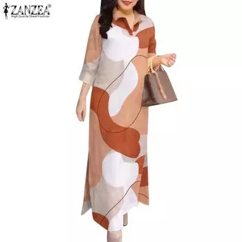 ZANZEA Женское Повседневное Платье Свободного Покроя С Отложным Воротником И Принтом Рукавом 3/4 L зелёный