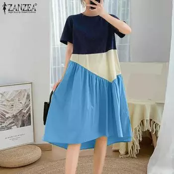 ZANZEA Женское Повседневное Платье Свободного Покроя С Круглым Вырезом Коротким Рукавом Контрастного Цвета M зелёный