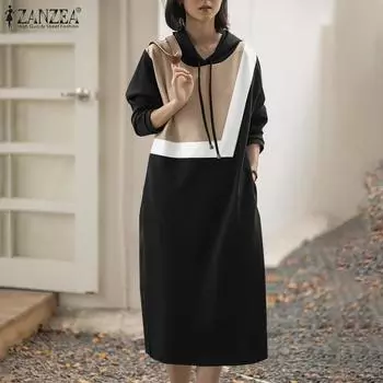 ZANZEA Женское повседневное платье-толстовка с капюшоном и длинными рукавами в стиле пэчворк 3XL фиолетовый