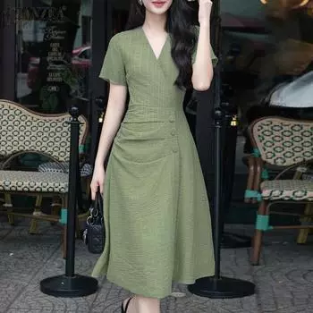 ZANZEA Женское повседневное платье А-силуэта с V-образным вырезом и короткими рукавами, плиссированной талией 5XL серый