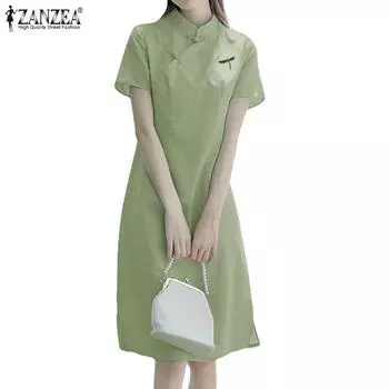 ZANZEA Женское повседневное платье в китайском стиле с воротником-стойкой и коротким рукавом M зелёный
