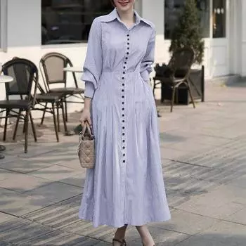 ZANZEA Женское повседневное платье в полоску с отложным воротником, свободное, с длинным рукавом S