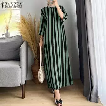 ZANZEA Женское повседневное платье в полоску в стиле ретро с круглым вырезом и рукавами 3/4 S зелёный