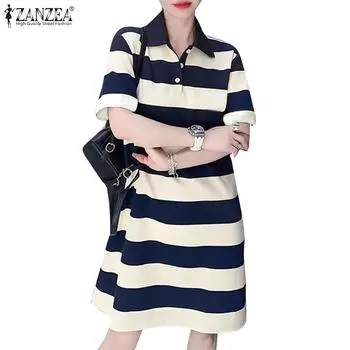ZANZEA Женское повседневное платье в полоску с отложным воротником и короткими рукавами S синий