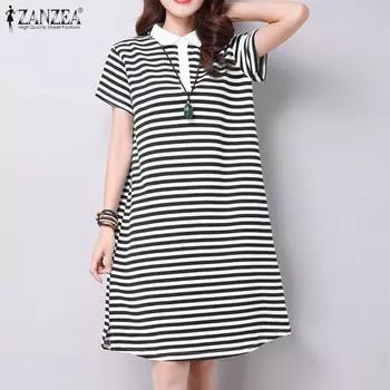 ZANZEA Женское повседневное платье в полоску с отложным воротником и короткими рукавами S чёрный