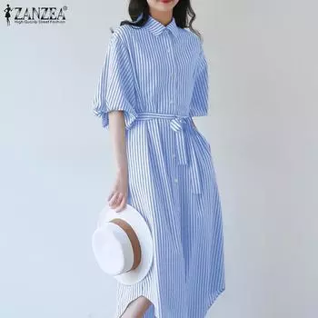 ZANZEA Женское повседневное платье в полоску с отложным воротником и короткими рукавами 2XL зелёный