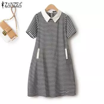 ZANZEA Женское повседневное платье в полоску с отложным воротником и короткими рукавами S чёрный