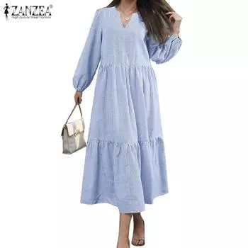 ZANZEA Женское повседневное платье в полоску с V-образным вырезом и длинными рукавами L чёрный