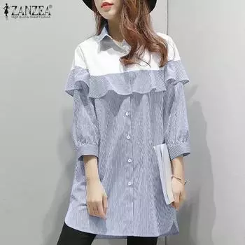 ZANZEA Женское повседневное платье в полоску с отложным воротником и длинными рукавами в стиле пэчворк 2XL синий